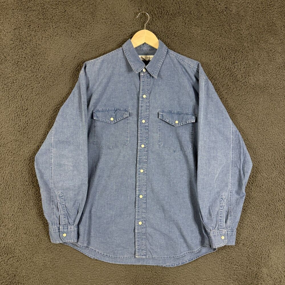 Vtg Banana Republic Chambray Shirt Mens Large Blue Pearl Snap Western Button Up